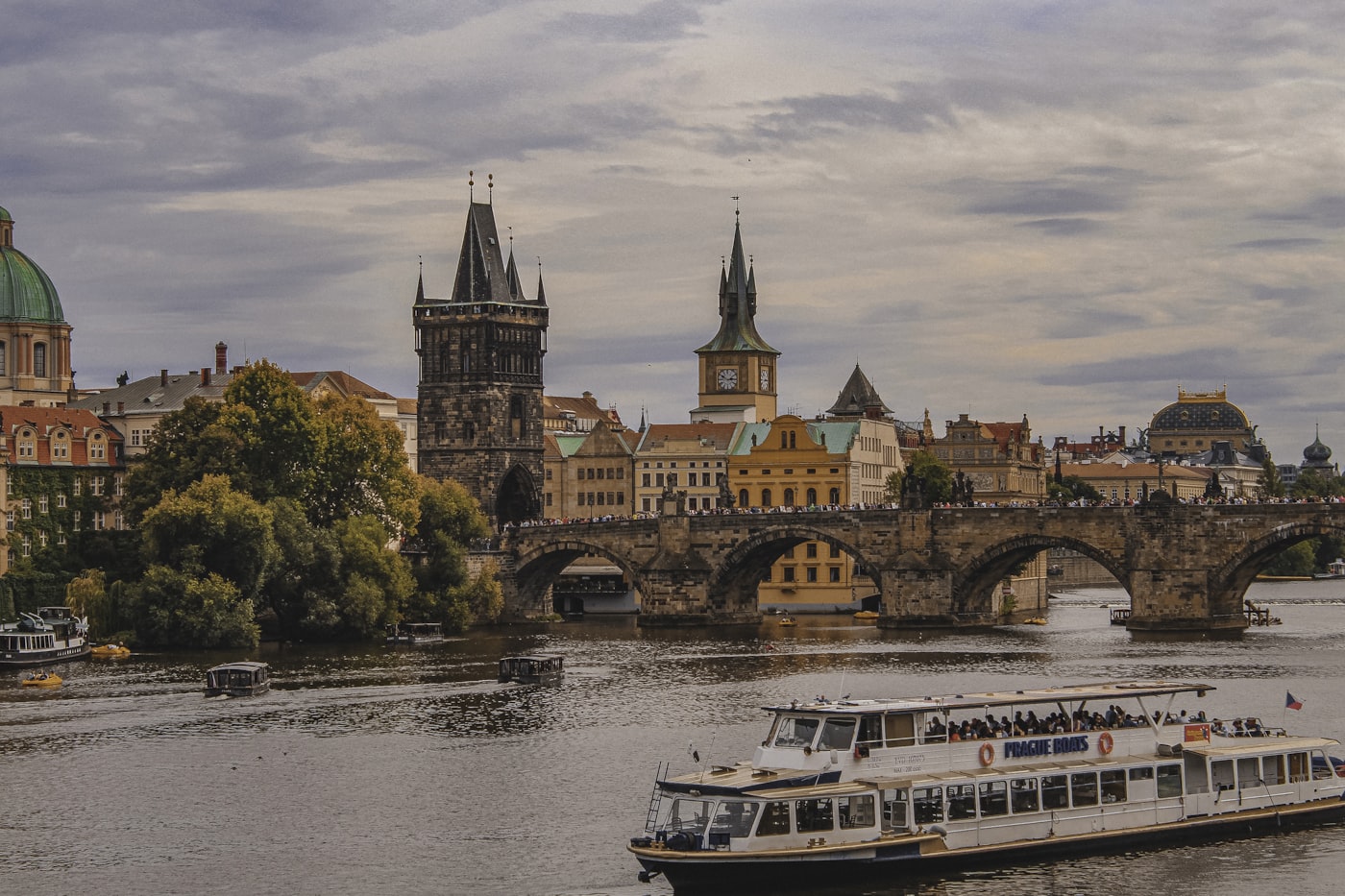 Prague riverside with historic architecture